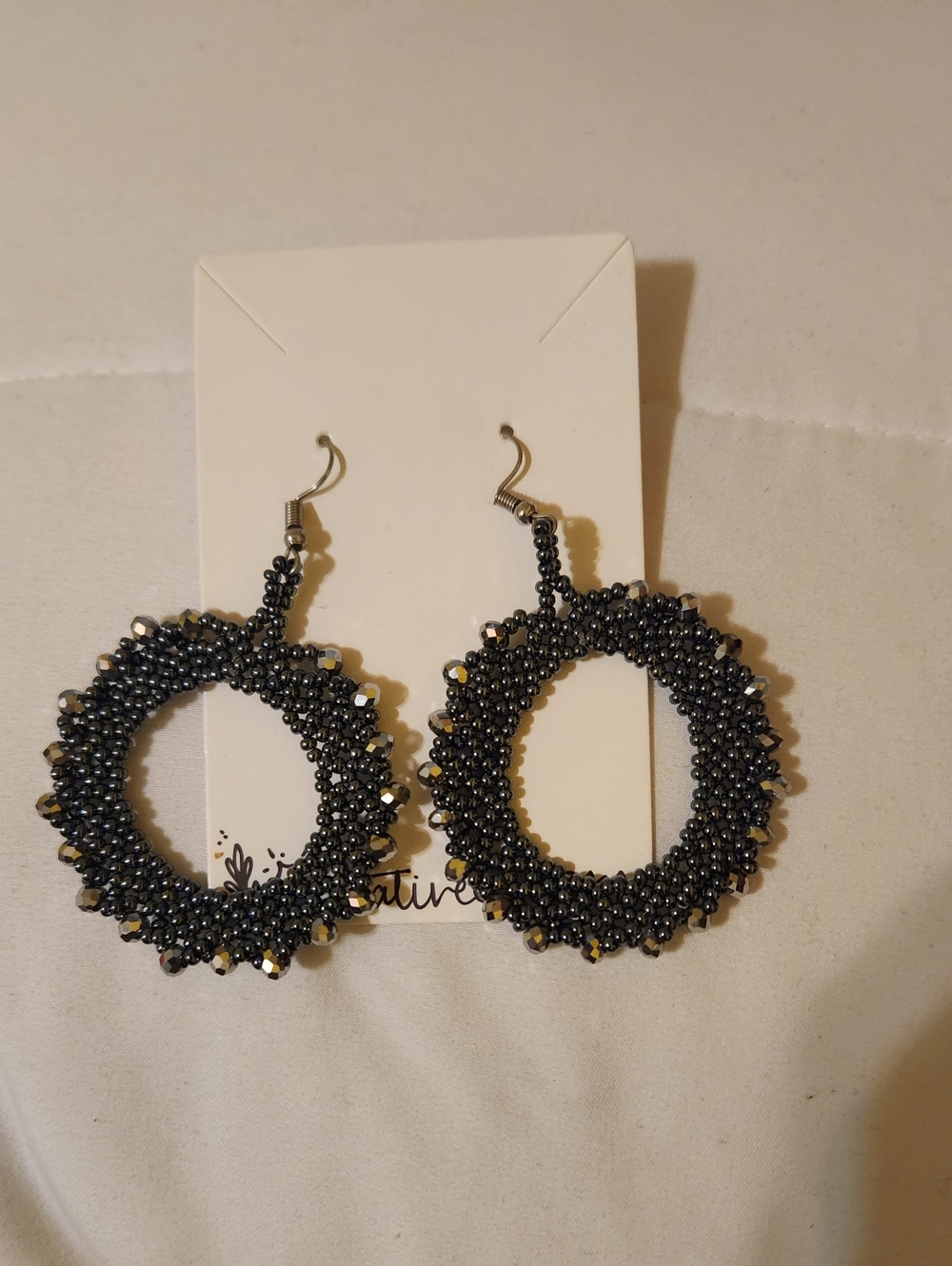 Handmade Dark Gray Beaded Hoop Earrings